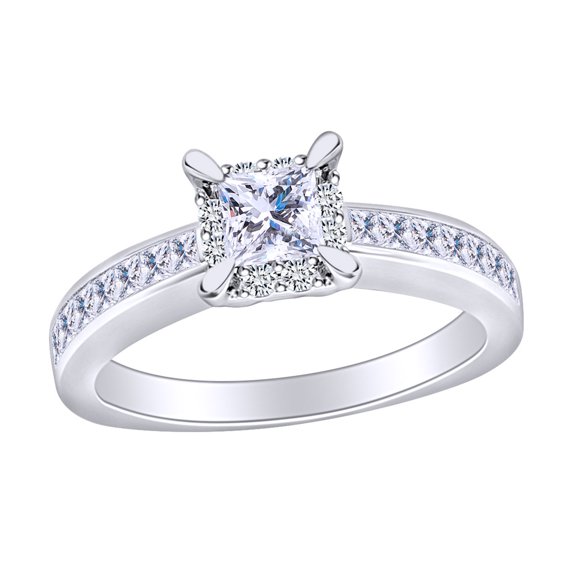 AFFY 1 Carat (Ctw) Princess & Round Cut White Natural Diamond Square Frame Engagement Ring In 14k Solid White Gold Ring Size-9