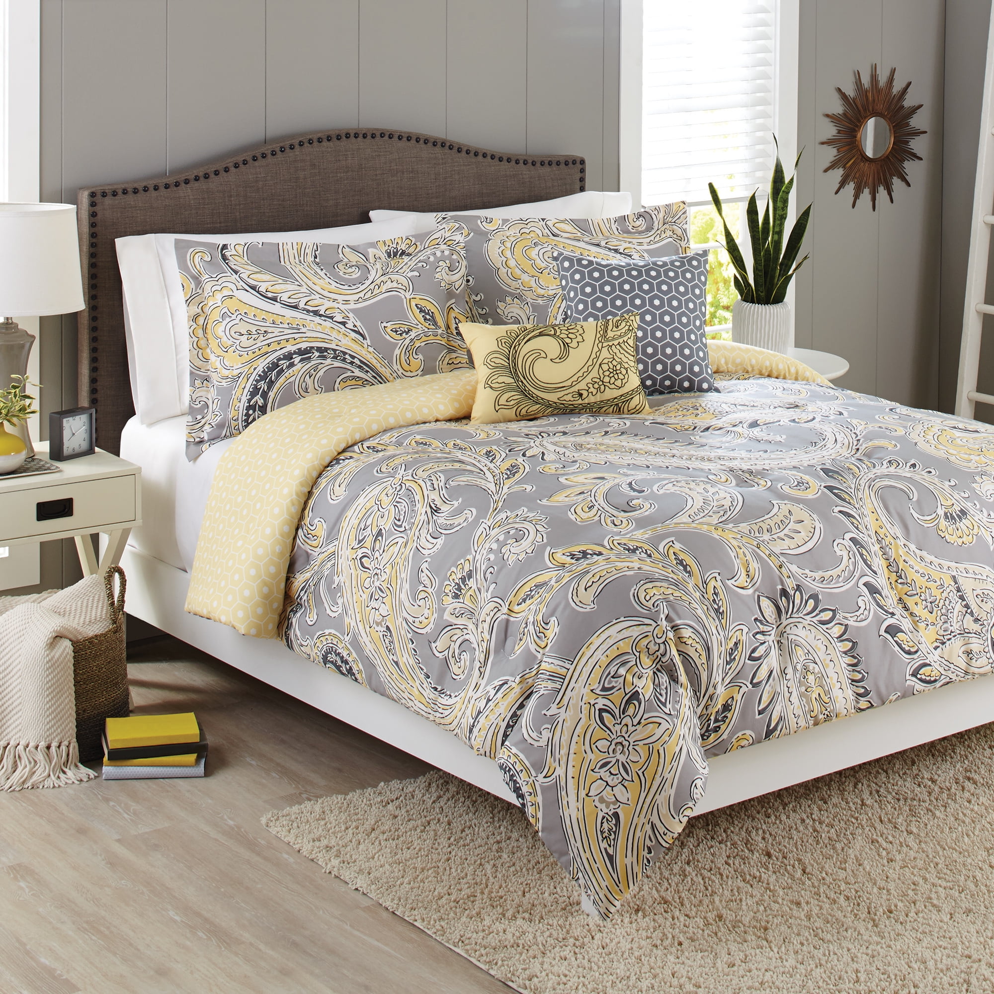 Better Homes Gardens Full Paisley Yellow Grey Comforter Set 5 Piece Walmart Com Walmart Com