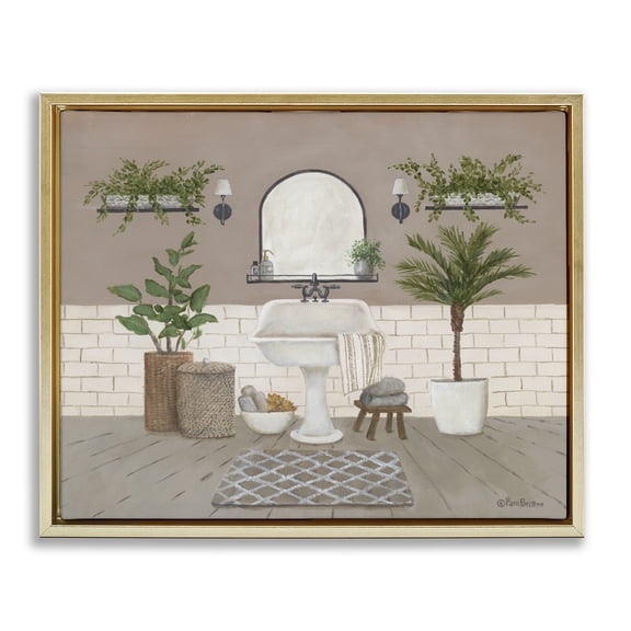 Stupell Industries French Country Cozy Bathroom Greenery Plants Gold Floating Frame Canvas Art, 21 x 17, by Pam Britton
