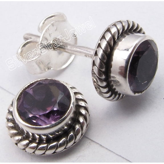 SilverStarJewel 925 Pure Silver Purple Amethyst Latest Style Studs Earrings 0.8 CM Lightweight