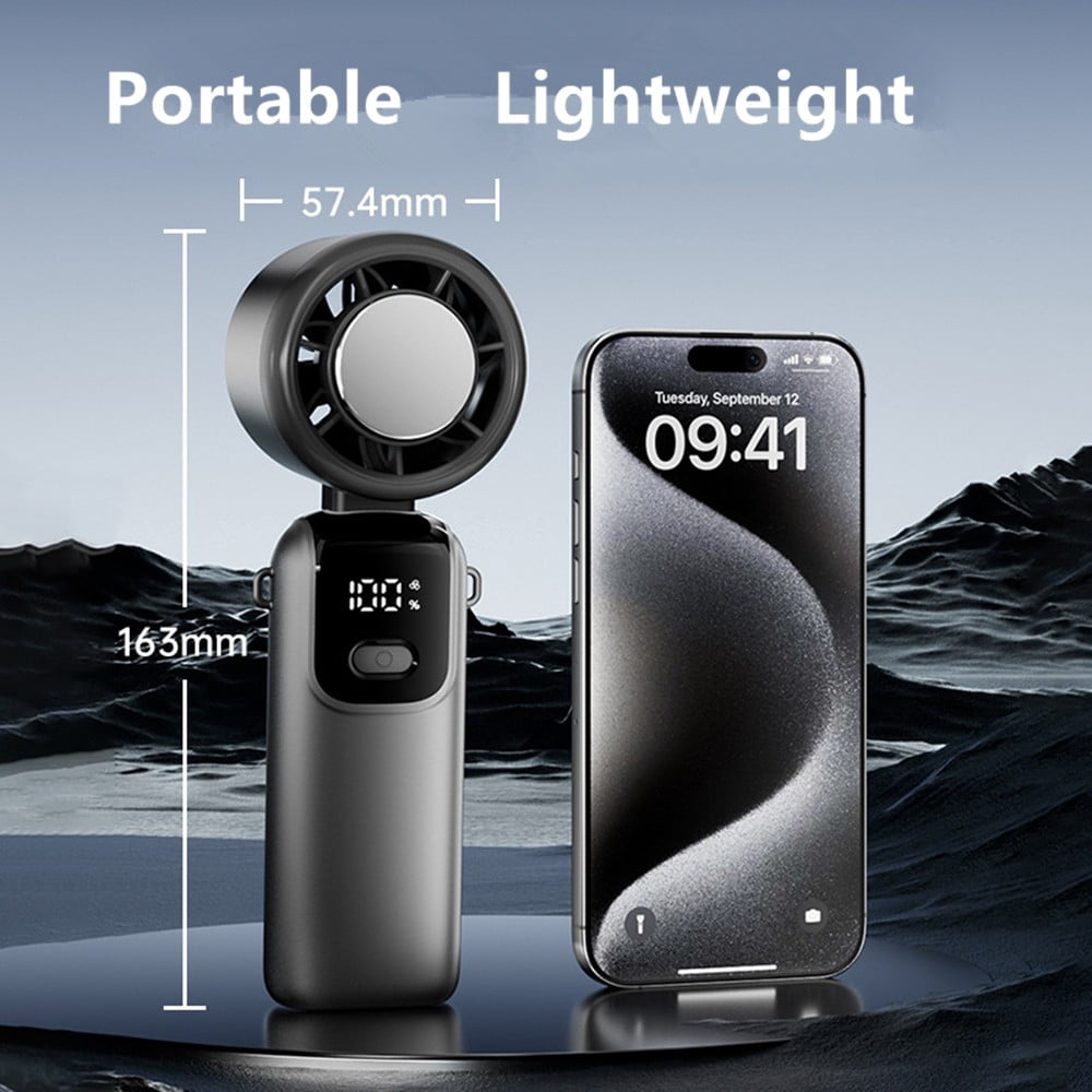 Semiconductor Cooling Handheld Turbo Fan, 5 Blades 33ft/s Wind, 1-100 Stepless Speed, LED Digital Display 90° Foldable Portable Mini Fan with Lanyard for Travel Desk Neck