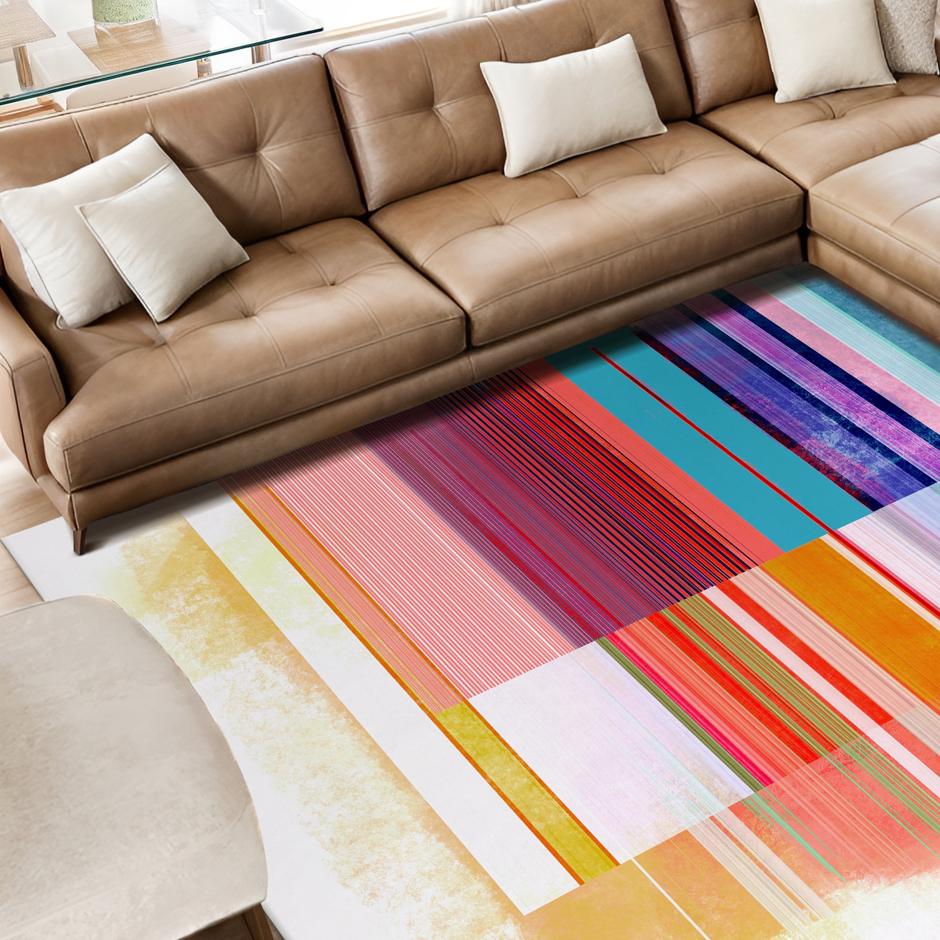 Ephemeral Linear Washable Colorful Lines Art Area Rug size 8'x10', Power-loomed, Heavenly Softness with Non-Slipping Backing