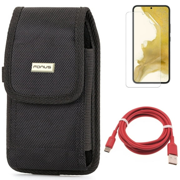 Case Belt Clip & 6ft USB-C Cable & Matte Screen Protector for Samsung Galaxy S22 (6.1") - Rugged Holster & Red Charger Cord & TPU Film Anti-Glare Accessory Bundle