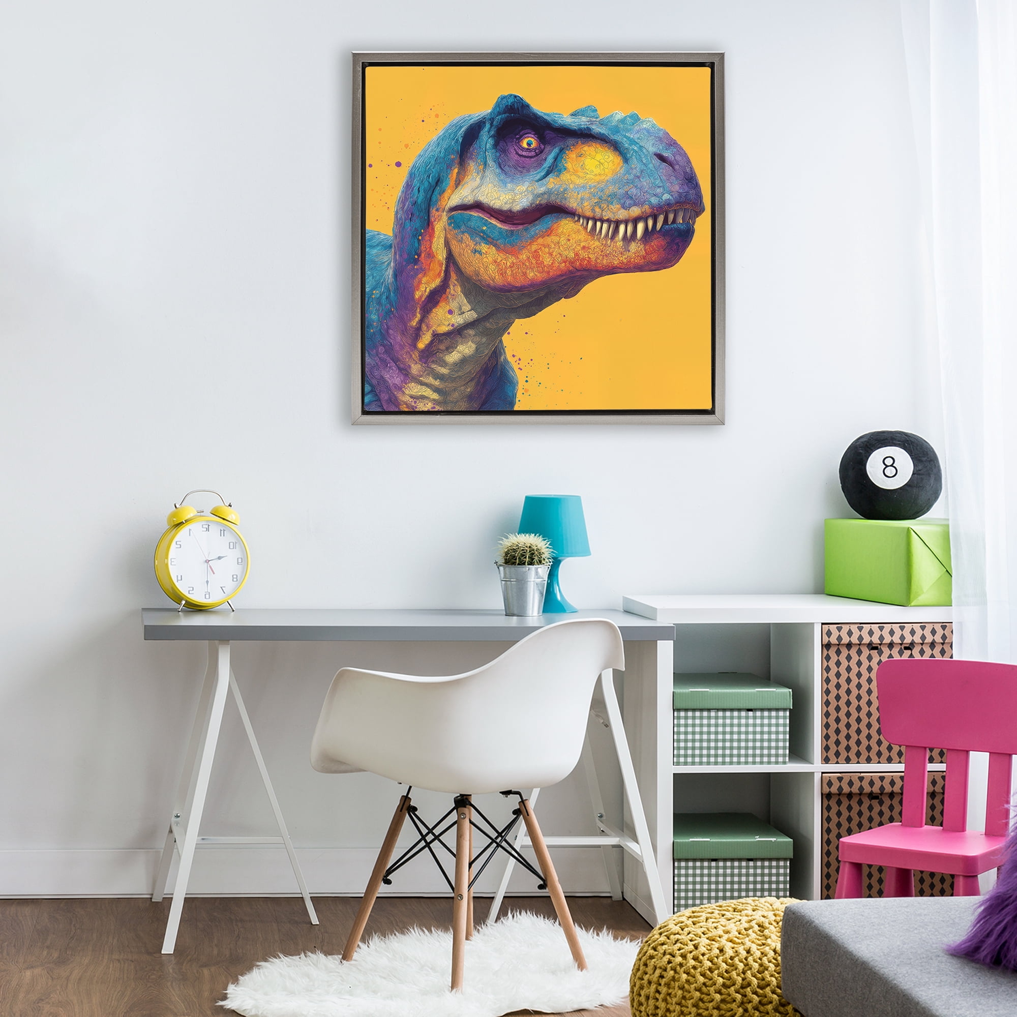 Stupell Industries Vibrant T-Rex Portrait Gray Framed Floater Canvas Wall Art, design by Wumples