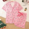 thumbnail image 4 of WIBACKER Womens Christmas Lounge Sets Candy Cane Print Pocketed Knotted PJ Set Short Sleeve Xmas Top and Shorts, 4 of 14