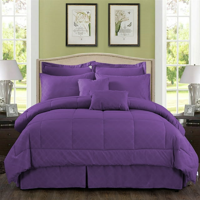 JML 8 Piece Bed in a Bag Quilted Diamond Comforter Set with Sheets, Twin, Purple