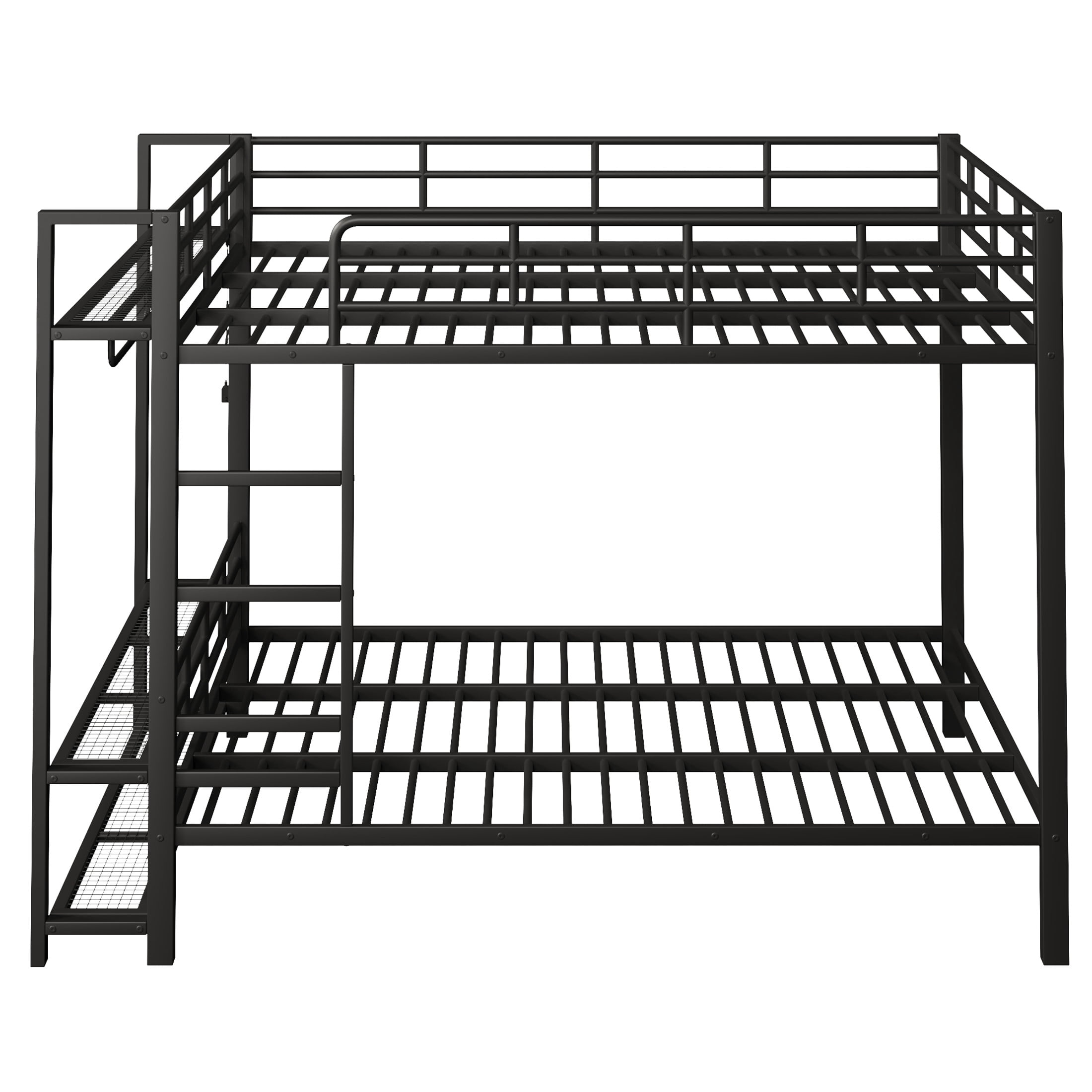 Noble House Queen Size Metal Bunk Bed with LED Lights, Mesh Storage Shelves and Clothes Hooks, Black