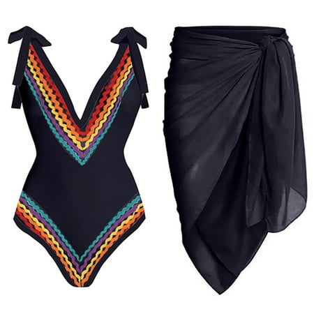 B91xZ One Piece Swimsuit Women Vintage Colorblock Abstract Floral Print 1 Piece Swimwear+1 Piece Cover UP Two Piece Vintage Print Neon Shorts Black XL