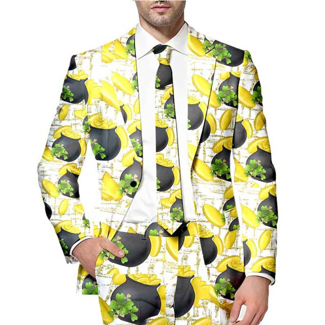 JHLZHS Western Suit Jackets for Men Mens St Patrick's Day Festive Style All over Printed Four Leaf Jacket Suit Mens Formal Suit Set Grey Red Suit Jacket Men Sequin