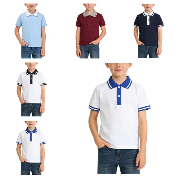 HAOTAGS Boys Short Sleeve Polo Shirts,Summer Comfortable School Uniform Pullover Casual Tees Blue 7-8 T