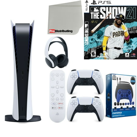 Sony Playstation 5 Digital Version (Sony PS5 Digital) with White Extra Controller, Headset, Media Remote, MLB The Show 21, Accessory Starter Kit and Microfiber Cleaning Cloth Bundle