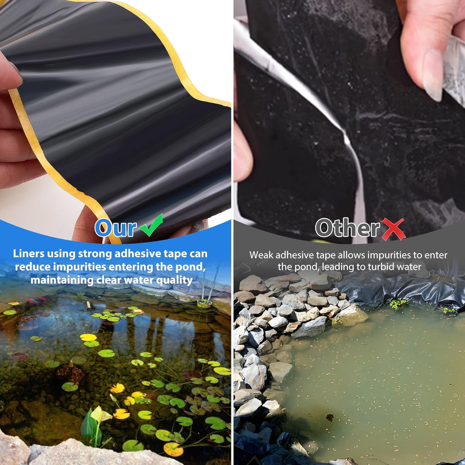 2Pcs Pond Liner Seam Tape, 3" x 30' Double Sided Butyl Rubber Tape Kit, Waterproof Seam Tape & 2 Pcs Sponge & Roller, Self Adhesive Patch Repair Tape for EPDM, HDPE Pond Liners Roof Deck RV