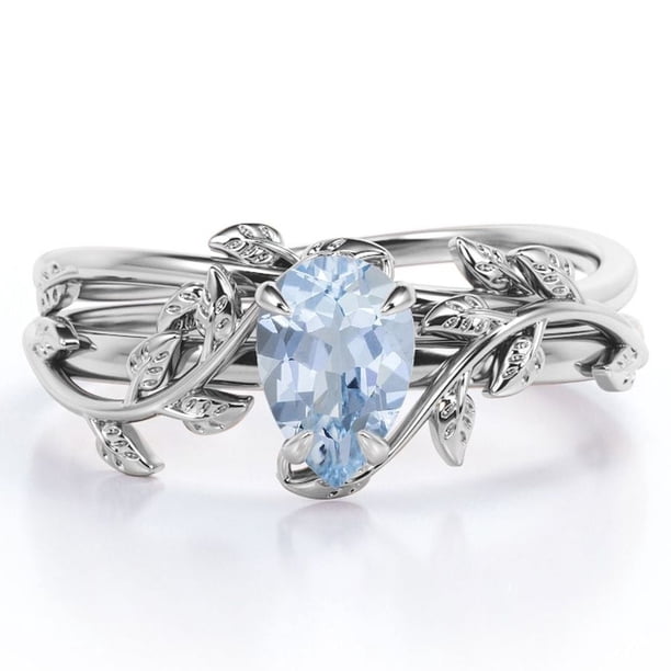 JeenMata Anillo Nupcial con Diseño de Hojas de Aguamarina en Forma de Lágrima de 1 Quilate con Engaste en Garras, Engastado en Oro Blanco de 18 K sobre Plata