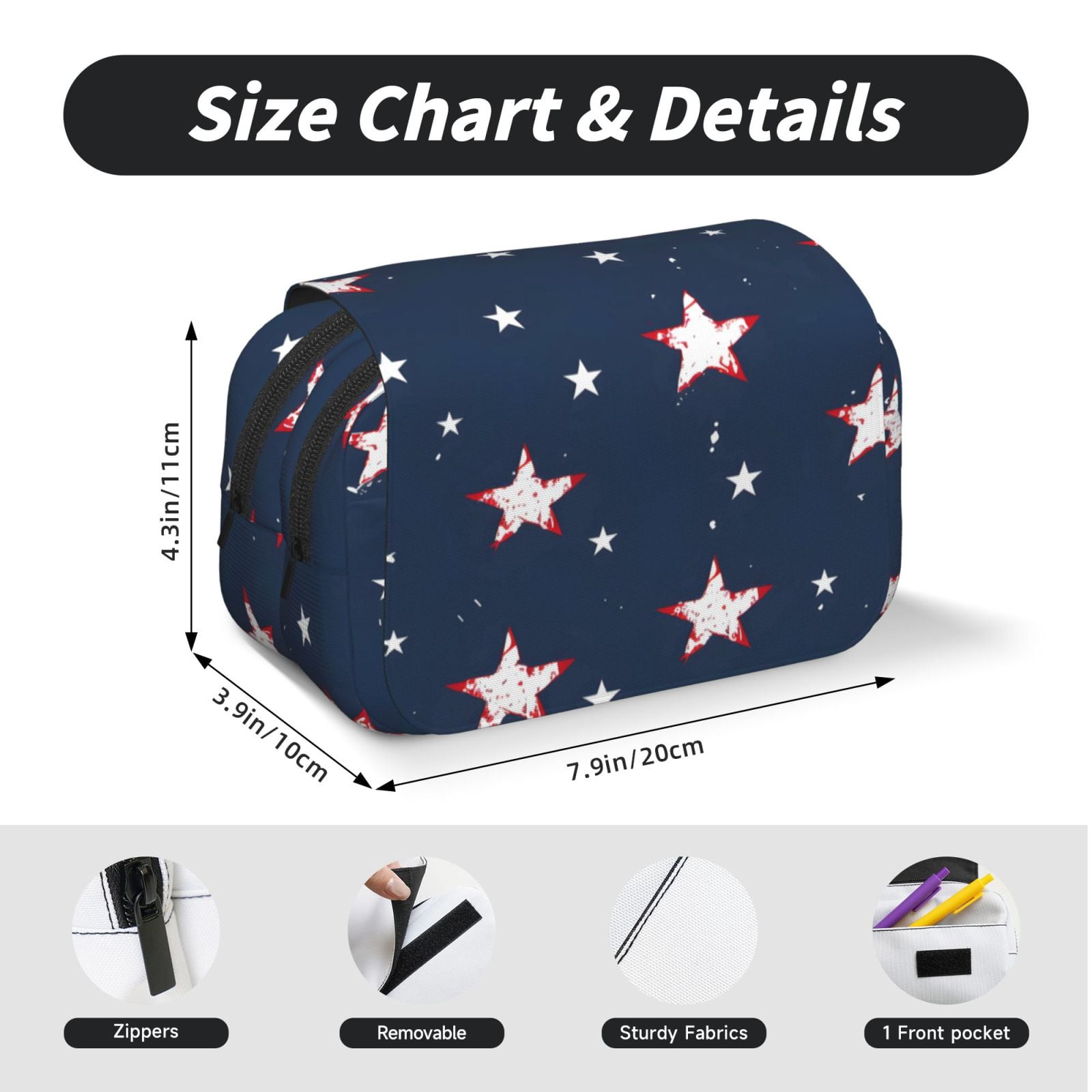 Large-Capacity Flip-Top Double-Layer Pencil Case, Multi-Functional Pocket Pen Case, Durable Stationery Organizer Independence Day Theme Star (12)
