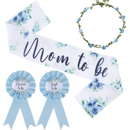 Baby in Bloom Baby Shower Decorations Boy, Floral Blue Mom to Be Maternity Sash Mom Dad to Be Button Tinplate Badge Pin Corsage Flower Crown Headband for Baby in Bloom Gender Reveal Party