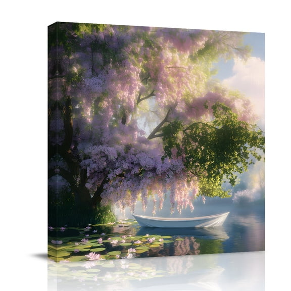 Canvas Wall Art, Forest Flowers Framed Canvas Prints for Bathroom Desk, Pink Green Oil Painting Lake Boat Cabin Small Gallery Wrapped Wall Decor for Home Office, Gifts, 8"x8" Ship Next Day