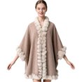 thumbnail image 2 of Fewfanhot Ruffled Faux Fur Trim Wool Blend Poncho Cape, Open Front Warm Wrap Shawl Coat for Women Winter, 2 of 5