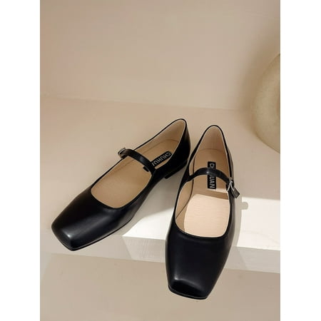 

French Style Mary Jane Shoes Women Flat Retro Square Toe Shallow Mouth Ankle Strap Fairy Large Size Shoes 41-43
