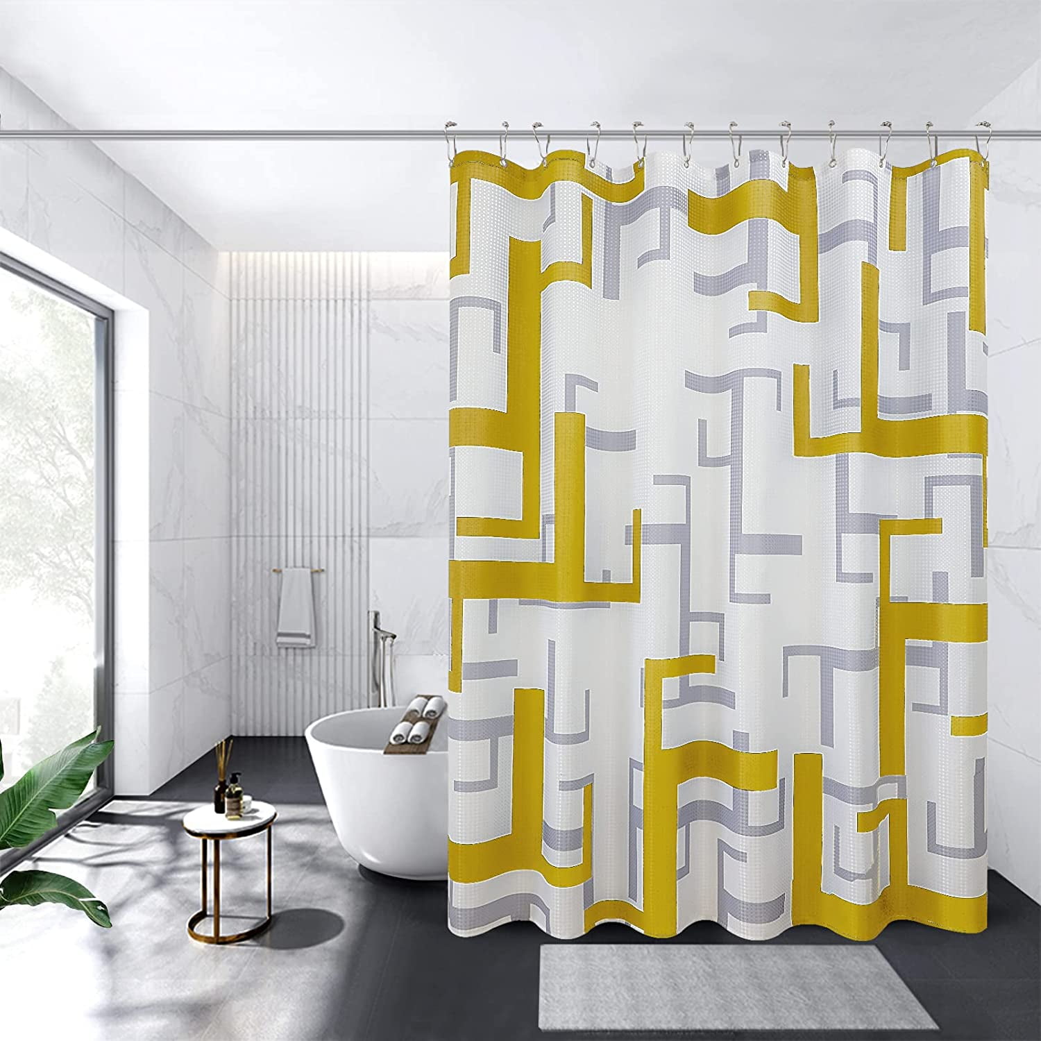 Gold Shower Curtain,Gold and White Bathroom Set with Hooks,Modern