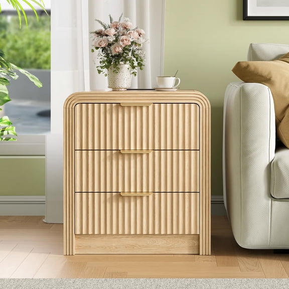 Evmore Modern Fluted 3-Drawer Nightstand, 19.6" Curved Oak Bedside Table with Built-in Charging Station (USB-C Ports)