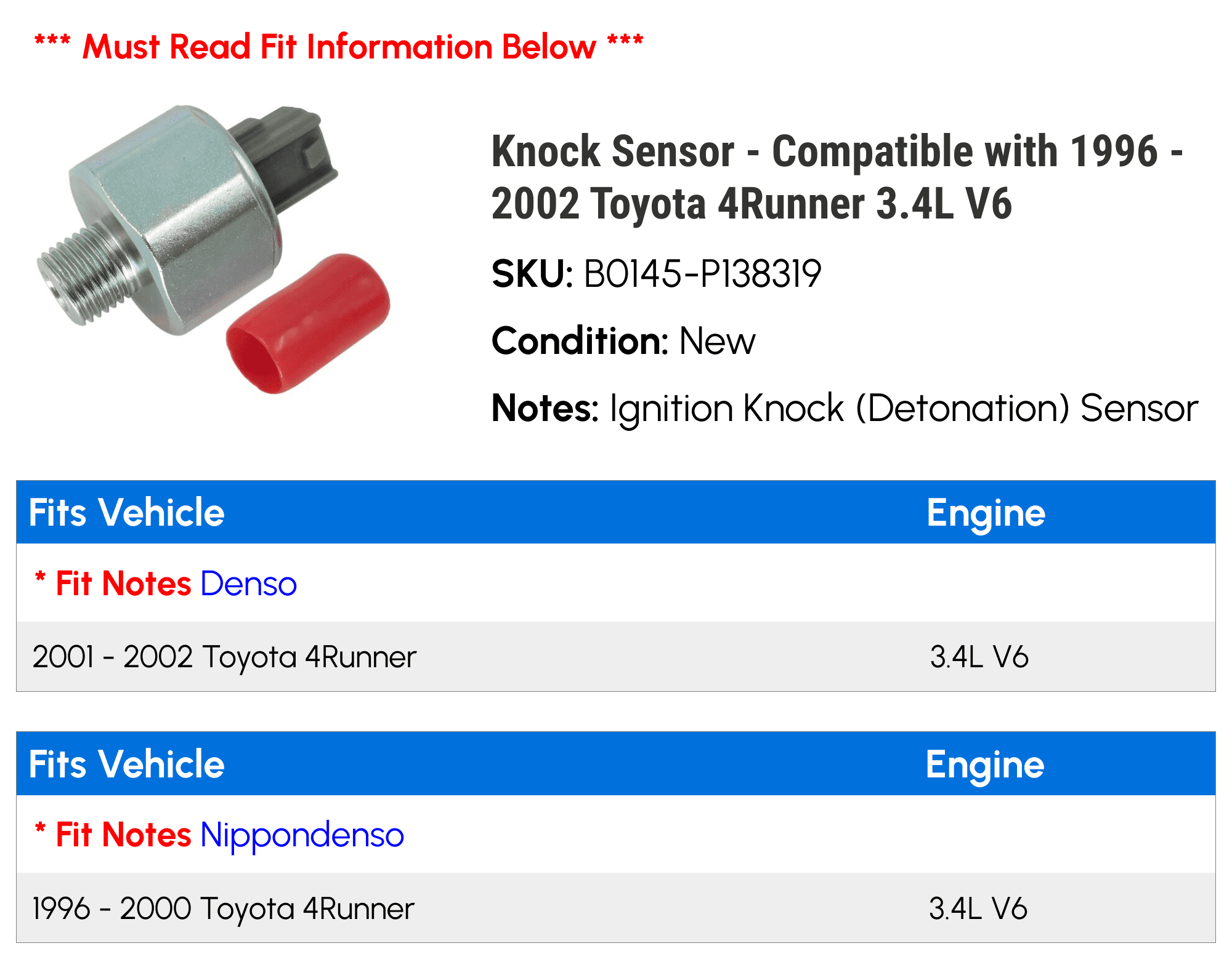 Knock Sensor - Compatible with 1996 - 2002 Toyota 4Runner 3.4L V6 1997 1998 1999 2000 2001