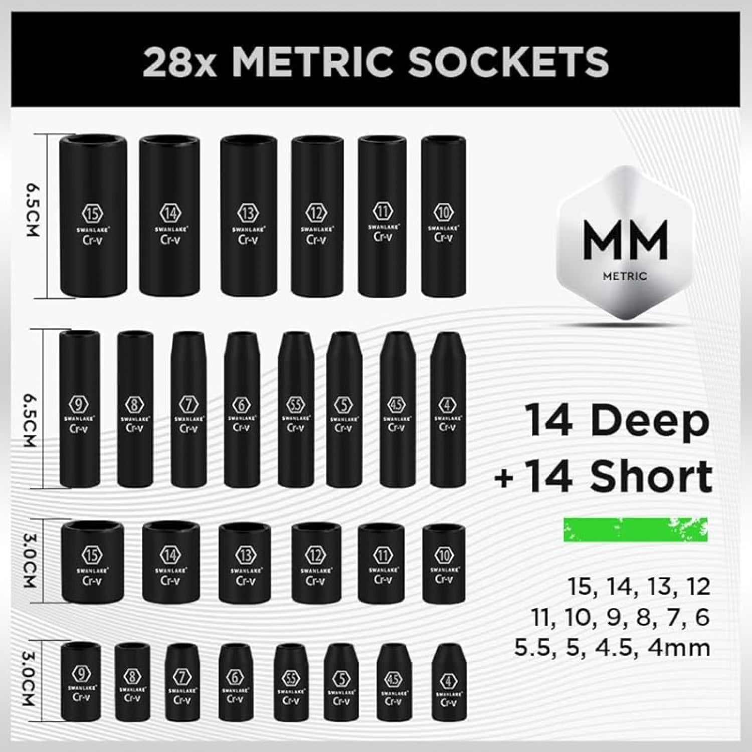 3/8" Drive Impact Socket Set, 50-Piece Standard SAE (5/16 to 3/4 inch) and Metric (8-22mm) Size, 6 Point, Cr-V, 3/8-Inch Ratchet Handle, Extension Bar, Universal Joint