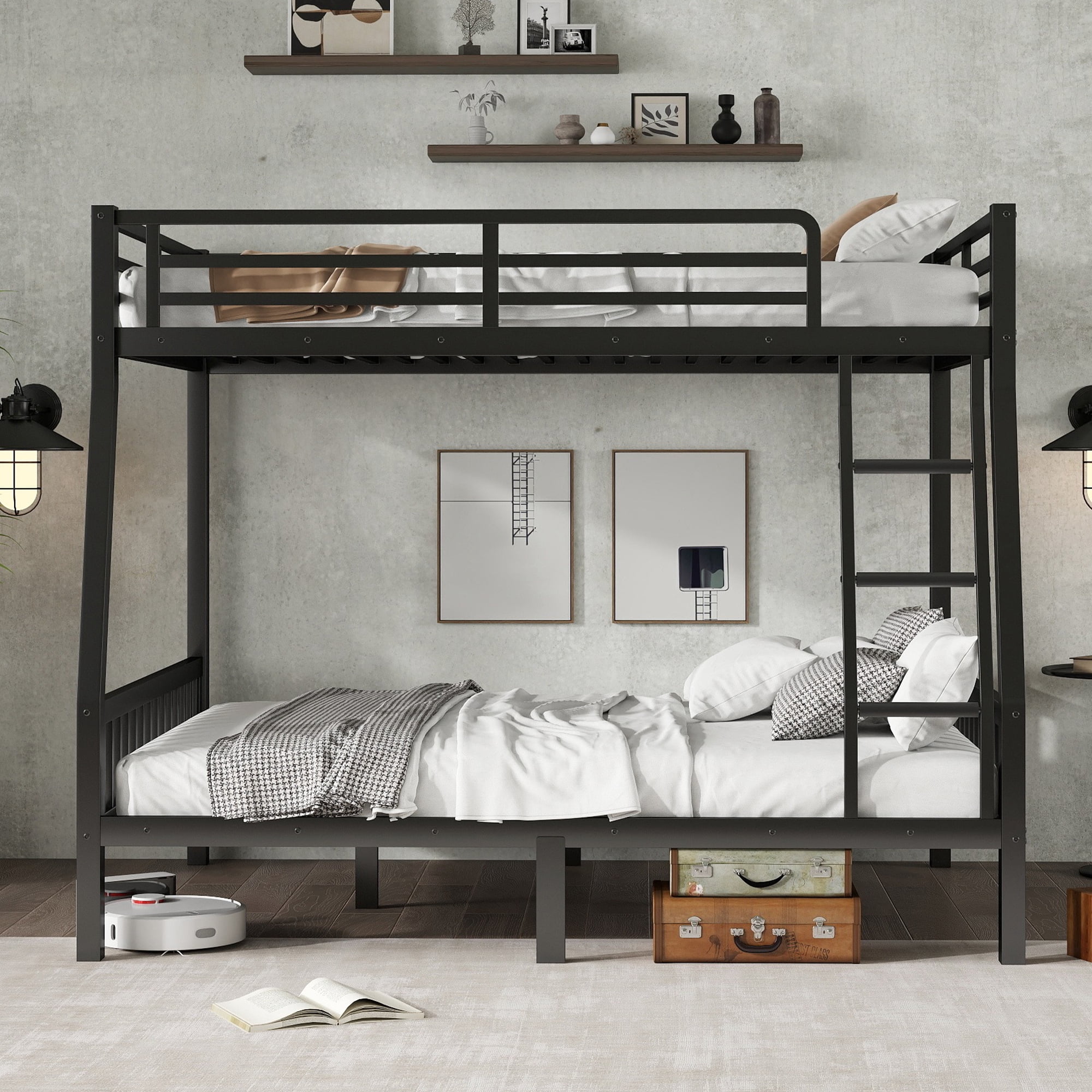 Leumius Full XL Over Queen Metal Bunk Bed with Ladder and Slats Support for Adults Teens, Black