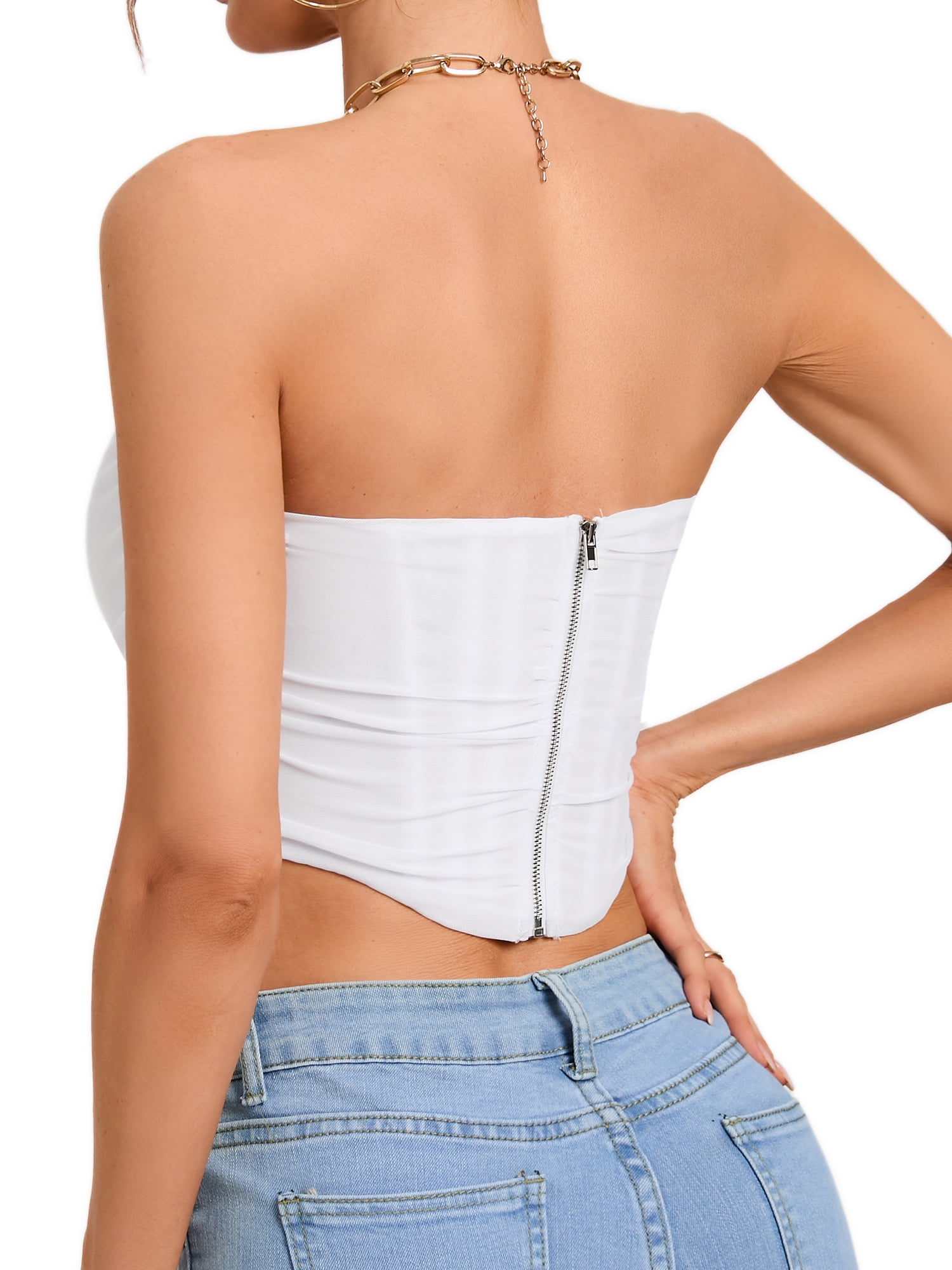 YouLoveIt Women Corset Bodyshaper Strapless Push-Up Bustier Tight Crop Top  Sleeveless Slim Zip Back Skinny Corset Top Shapewear Party Outwear
