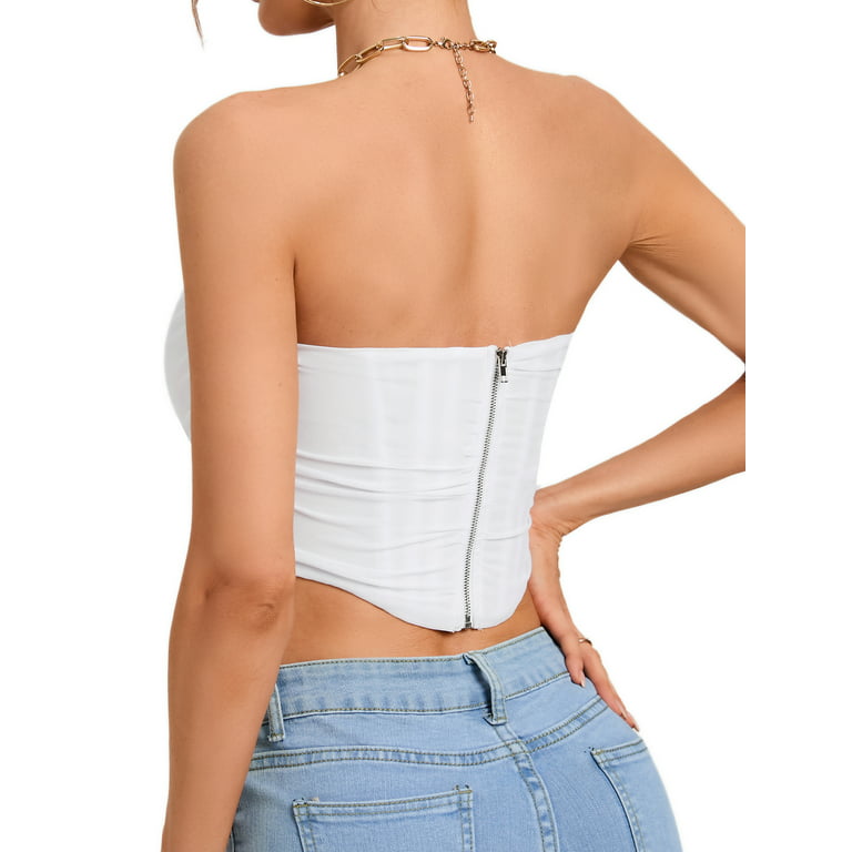 YouLoveIt Women Corset Bodyshaper Strapless Push-Up Bustier Tight Crop Top  Sleeveless Slim Zip Back Skinny Corset Top Shapewear Party Outwear 