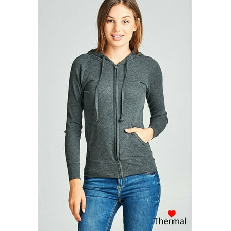 Women Basic Thermal Hoodie Jacket Waffle Knit Lightweight Zip Up w/ Drawstrings & Pockets