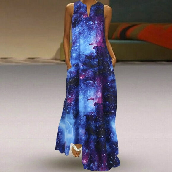 Qarigey Vestido de mujer Estampado estrellado Ropa de verano Algodón Sin mangas Estampado maxi Vestido de verano Vestidos azul 5XL