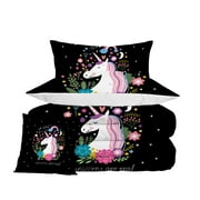 Blessliving 4 pcs Twin Size Black Unicorn Comforter Set,1 Comforter  2 pillowcases 1 Cushion Cover for Girls Boys