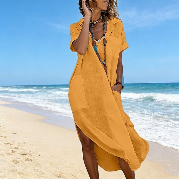 Women's Casual Maxi Shirt Dress - Lightweight Short Sleeve Button Collared V-Neck Side Slits Long Dresses with Pockets for Summer Beach Vacation Yellow XL