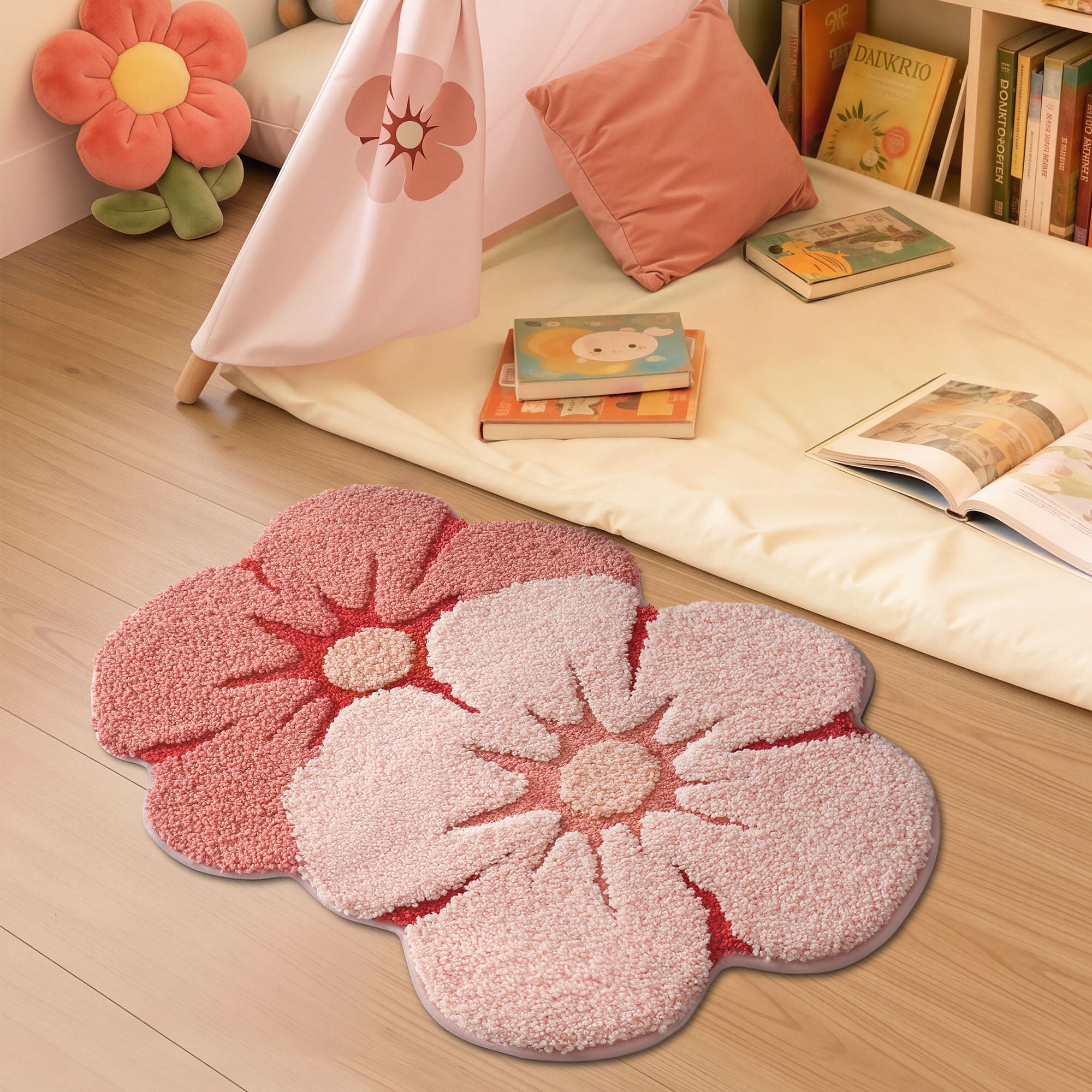 FRABE Flower Bath Rug, Funny Soft Plush Fluffy Floral Bath Mat, Absorbent, Non-Slip for Bathroom, Bedroom, and Living Room, Bliss Pink, 17x30