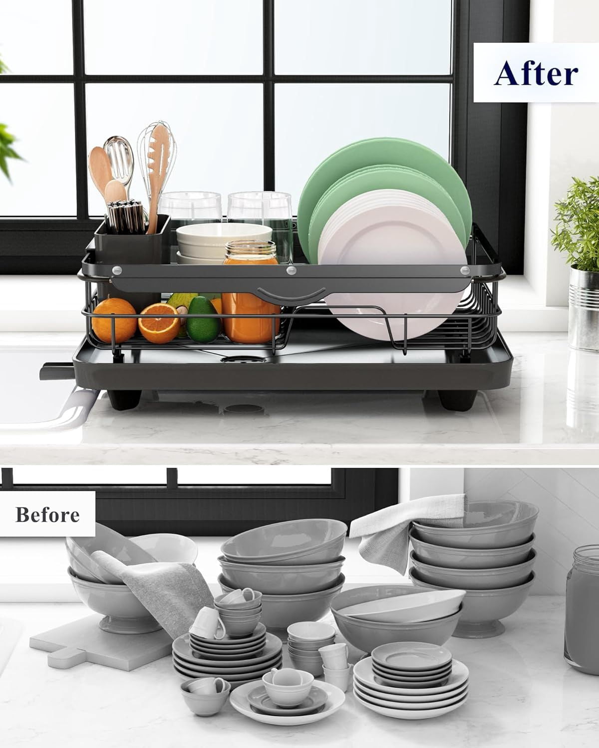 Dish Drying Rack for Kitchen Counter, Stainless Steel Sink Organization and Storage Essentials with Cutlery Holder, Home and Appartment Decor, 12.2"W x 15.7"~23"L