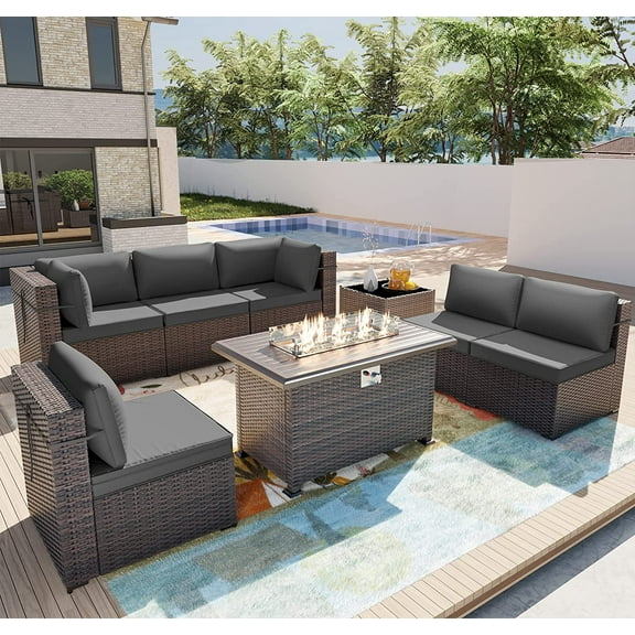 Gotland 8 Pieces Outdoor Patio Furniture Set with 43" Propane Fire Pit Table, PE Rattan Patio Conversation Set (Grey)