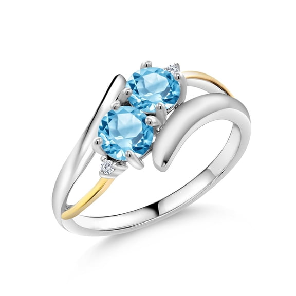 Gem Stone King 1.32 Cttw Round Swiss Blue Topaz and Lab Grown Diamond 925 Silver and 10K Yellow Gold Two Stone Crossover Ring for Women (Size 7)