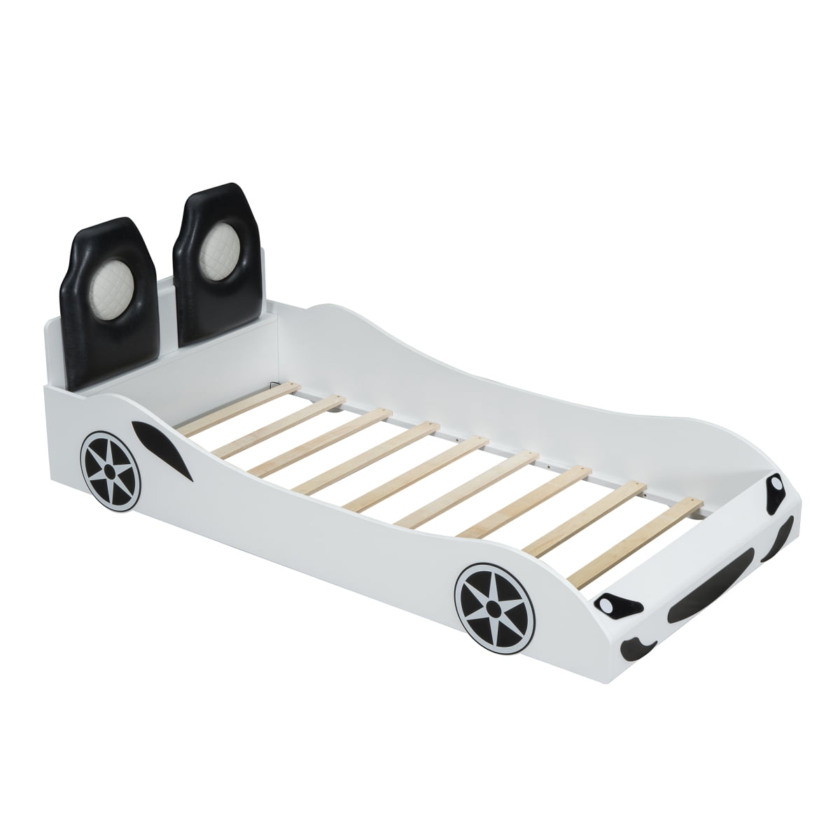 Wood Twin Size Race Car-Shaped Platform Bed with LED and Upholstered Backrest, White    RR