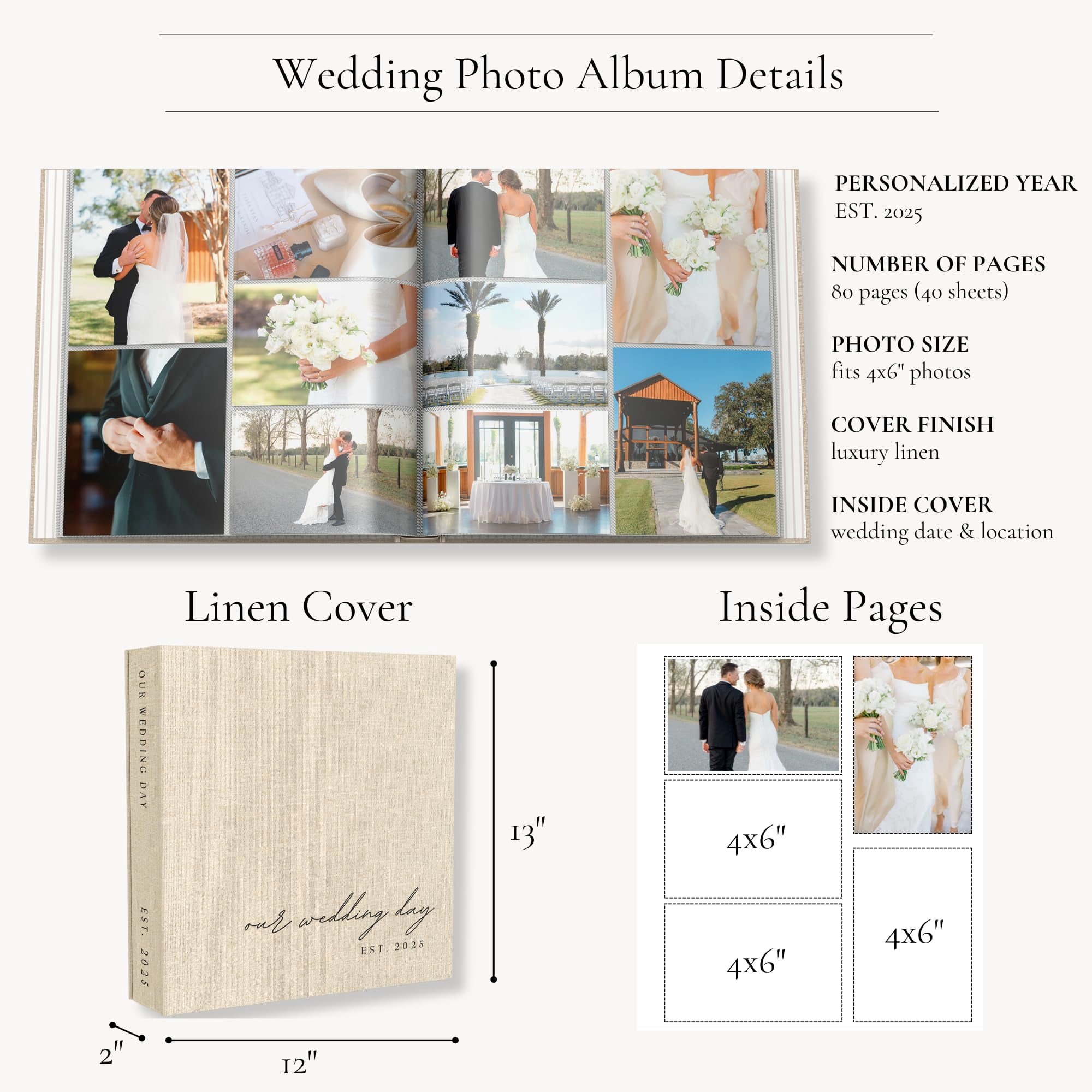 Wedding Photo Album 4x6 Pictures & Custom 2025 Year - Large Picture Scrapbook with 400 Pockets for Horizontal & Vertical Photos - Linen Photo Album Book for Personalized Wedding Day Memory Keepsake