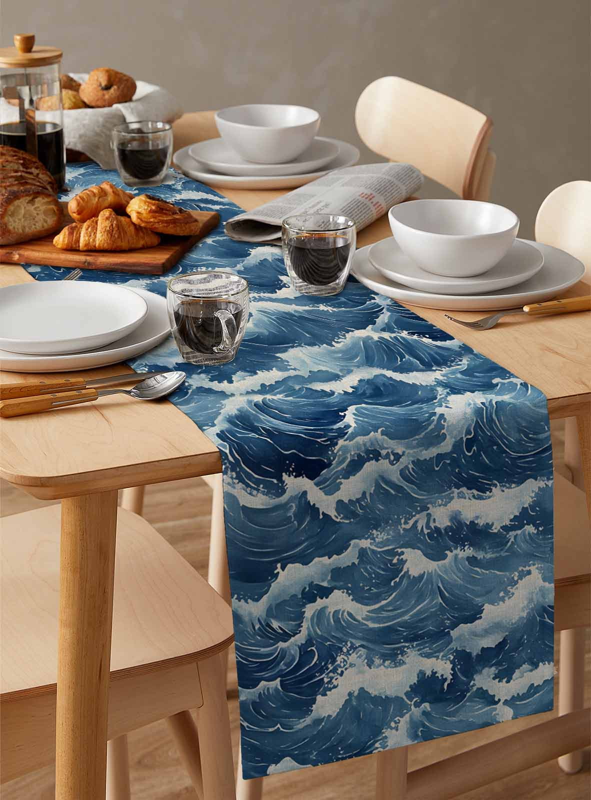 nqOlkjepod Ocean Waves Table Runner 70 Inches Long Farmhouse Dress Scarves, Summer Beach Coastal Nautical Burlap Dining Tablerunner for Coffee Table/Kitchen Island/Party Décor, 13" x 70"