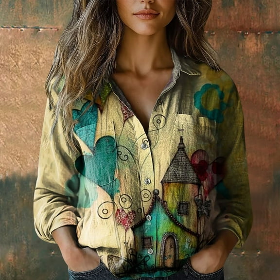 Beige Women Shirts, Women Cotton Shirt Printed Fashion Button Down Shirts Casual Tops Long Sleeve Blouse,Women Shirts L
