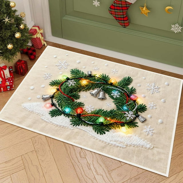 Christmas Holiday Embroidery Style Non-Slip Absorbent Kitchen Floor Mat, Washable Indoor Doormat for Entryway Bathroom Laundry Room Decor
