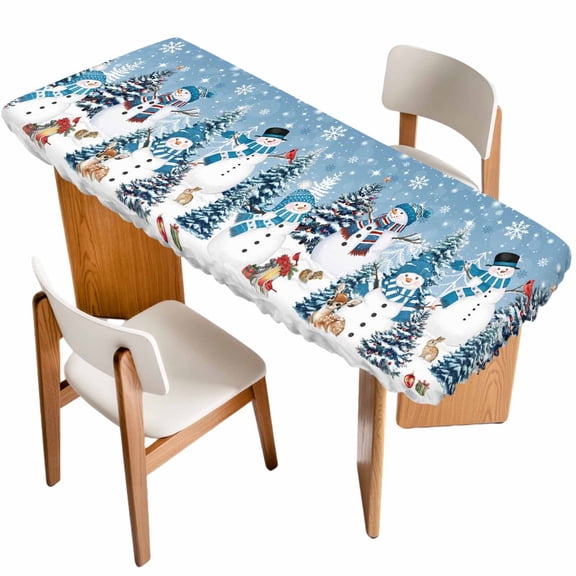 Blue Grey Christmas Table Cloths for 8 Foot Rectangle Tables, Snowman Xmas Tree Snowflake Winter Patio Waterproof Elastic Fitted Tablecloths, Washable Rectangular Table Cover for Camping