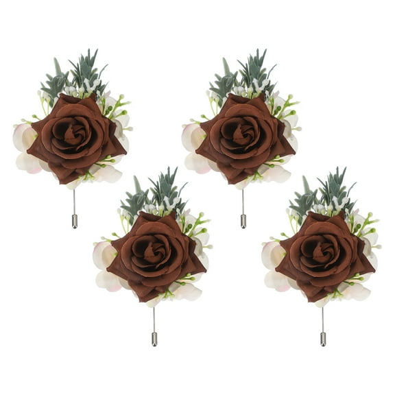Uxcell 4 Pcs Brown Boutonnieres for Men Artificial Flower Buttonholes Pocket for Wedding Bride Groom Ceremony