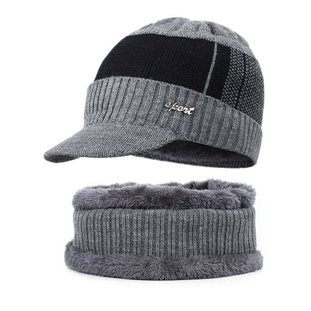 Hirigin Men's Winter Warm Hat Knit Visor Beanie Fleece Lined Beanie with Brim Cap