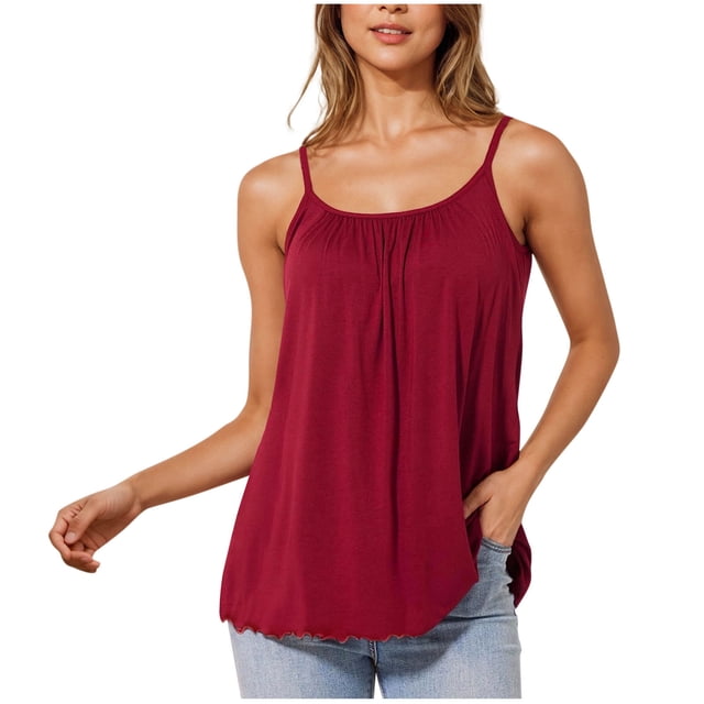 Lenpel Débardeurs Grande Taille pour Femmes Bretelles Spaghetti Col Rond Plissé Sans Manches Tunique Fluide Blouses Décontractées Amples