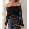 thumbnail image 5 of Women Lace Trim Off Shouder Top Long Sleeve Double Lined Y2k Trendy T Shirts, 5 of 7