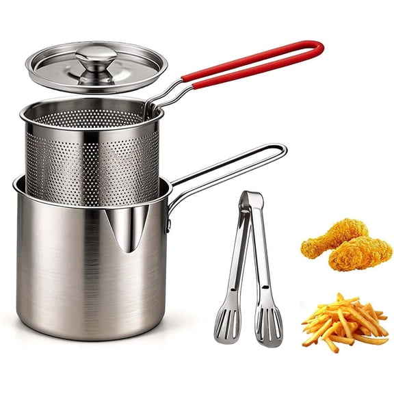 BUTOMY Deep Fryer Pot Set,Stainless Steel Fryer Pot with Basket, Deep Frying Pan with Oil Strainer Basket & Lid, Fry Basket Set for French Fries Chicken Chips, with Tongs, for Gas Stove