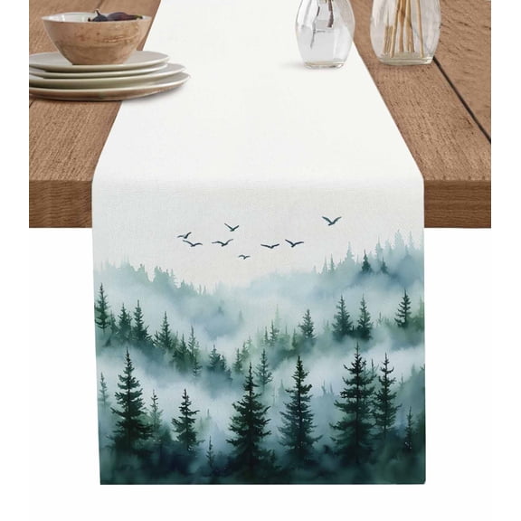 Green White Ombre Tree Table Runner 36 Inches, Watercolor Forest Bed Runner Dresser Scarves Tabletop for Indoor Outdoor Parties/Ceremony/Banquet, 13"x 36"