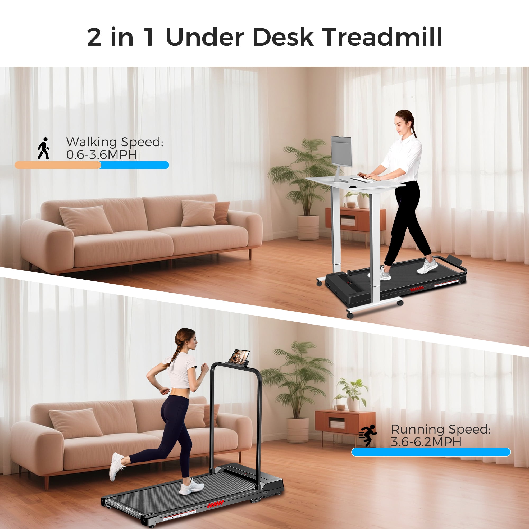 Tomile Walking Pad Treadmill with Handle Bar, Folding Treadmill 300lbs Capacity, Portable Walking Pad with Remote Control